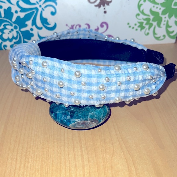 Blue Gingham & Pearls Headband *NEW* - Picture 6 of 8
